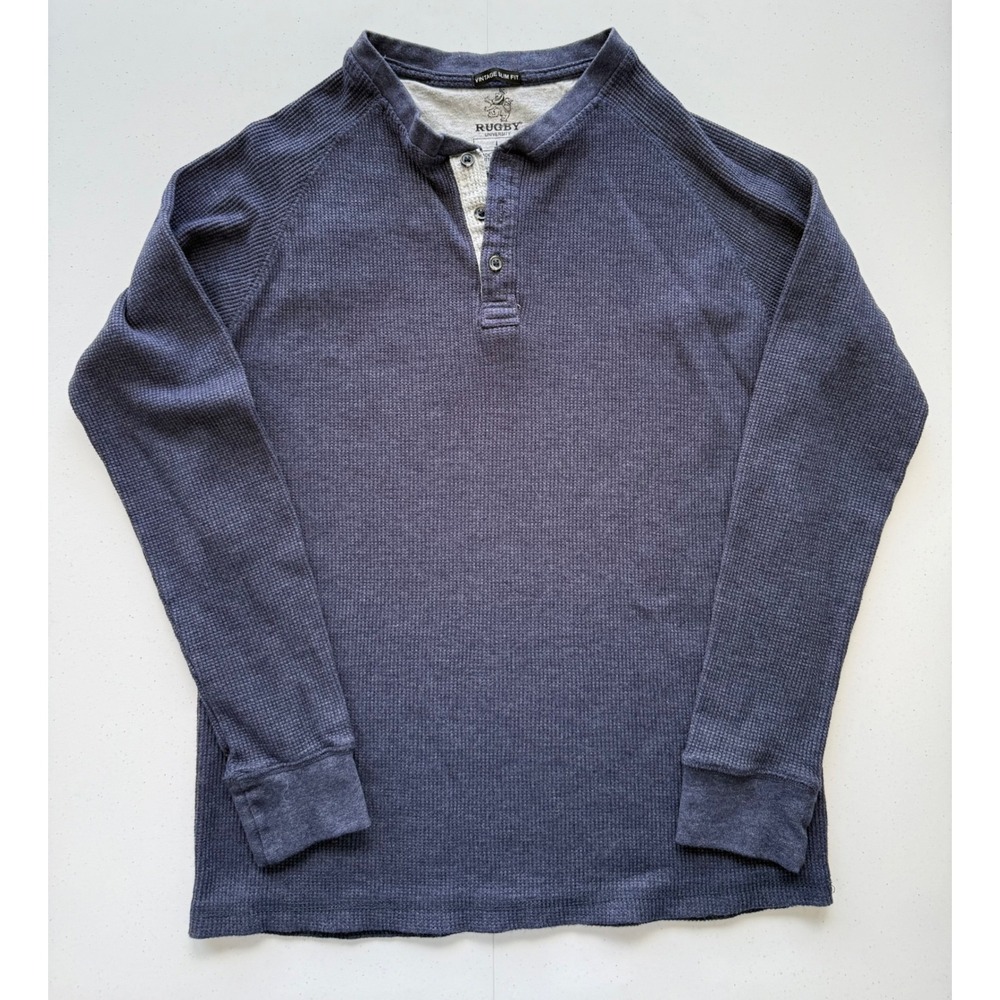 Rugby University Mens Large Henley Thermal Waffle Shirt Blue Knit Outdoor Y2K